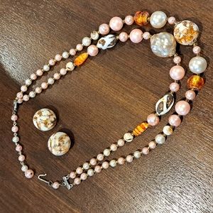 Vintage 1950's Necklace & Earrings  Japan Orange Pinks Whites 18" Grandma core